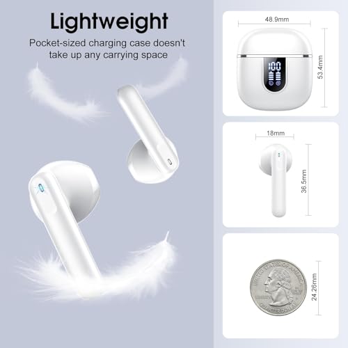 Wireless Earbuds, Bluetooth 5.4 Headphones with 3D Bass Stereo, 40H In-Ear Buds with 4 ENC Noise Cancelling Mic, Ultralight Bluetooth Earbuds USB-C LED, IP7 Waterproof Earphones for Android iOS, White - color: White