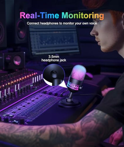 USB Gaming Microphone, RGB Condenser Mic for PC PS4 PS5 Mac, Plug & Play, Tap to Mute, Gain Control, Zero-Latency Monitoring for Streaming Podcasting Recording