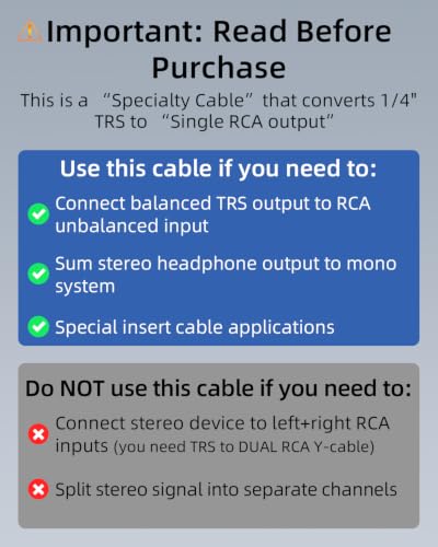 GELRHONR 1/4 TRS to Single RCA Cable,6.35mm TRS to RCA Cable,2M,2Pack. | Right Angle Stereo TRS to MONO RCA, Instrument Cable for Guitar/Keyboard - color: TRS to RCA