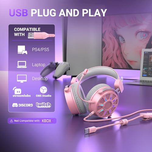 FIFINE USB Gaming Headset with Open Back Design, 7.1 Virtual Surround Sound, 53mm Dynamic Drivers, RGB Headphone with Handy Control Box, Detachable Boom Mic for PC, PS5, PS4, Laptop, Mac - H19P - color: Pink