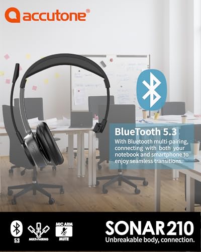 Accutone Sonar 210 Mono Bluetooth Headphones, Headset with mic, Long-Enduring Battery for PC/Mac & Cell Phones. Compatible with MS Teams/Skype/Zoom Best Choice for Work