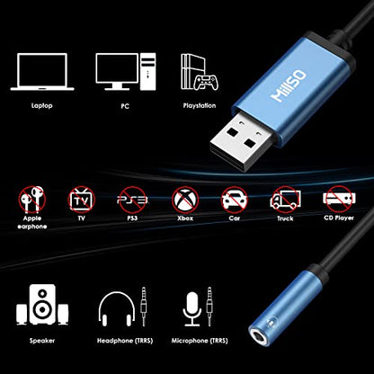 USB to 3.5mm Audio Jack Adapter TRRS USB to Aux Audio Jack 3 Feet | Sapphire Blue, Metal Shell, Premium External Stereo USB Sound Card for Headphone, Speaker, PS4, PS5, PC, Laptop, Desktop - size: 3 Feet