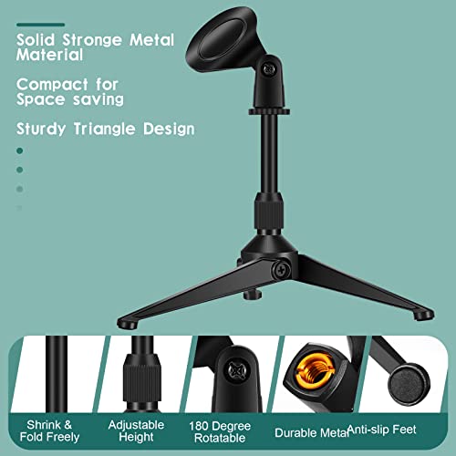 3 Pack Desktop Mic Stand Portable Foldable Tripod with Mic Clip Holder Adjustable Height Tabletop Microphone Stand 5/8 Inch Male to 3/8 Inch for Dynamic Recording Podcast