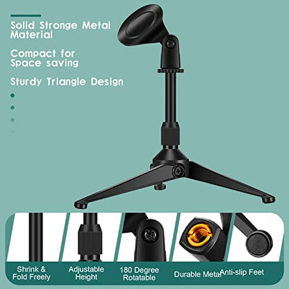 3 Pack Desktop Mic Stand Portable Foldable Tripod with Mic Clip Holder Adjustable Height Tabletop Microphone Stand 5/8 Inch Male to 3/8 Inch for Dynamic Recording Podcast