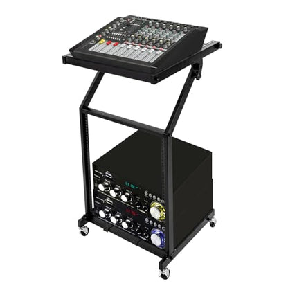 DJ Table Stand, 12U DJ Booth, Adjustable 41.8-50.1in 2-Layer Iron DJ Stand with Lockable Wheels for Mixers & Amplifiers