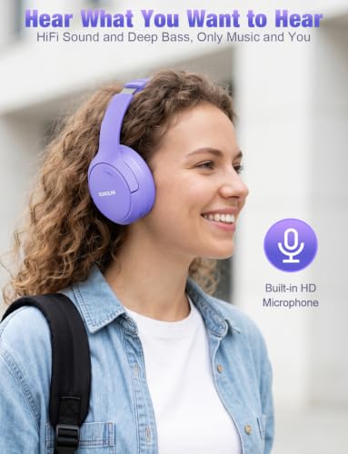 RUNOLIM Hybrid Active Noise Cancelling Headphones, Wireless Over Ear Bluetooth Headphones with Microphone, 100H Playtime, Foldable Headphone with HiFi Audio, Deep Bass for Home Travel Office（Purple） - color: Purple