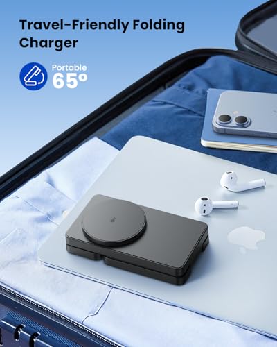 애플용 마그네틱 무선 충전 스테이션: 업그레이드된 QI2 인증 15W 3-in-1 Magsafe 무선 충전기 스탠드, 접이식 여행용 고속 충전기 아이폰 17 16 15 14 13 12 시리즈, 애플 워치, 에어팟용 - color: 퓨어 블랙.
