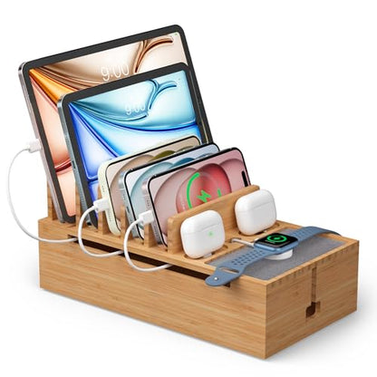 Pezin & Hulin Bamboo Charging Stand Rack, No Power Adapter Supply -Natural | Wooden Charge Box for Mobile Phones, Tablets, Smart Watch and Earbuds, Wire Cable Organizer Box, Bedside Dock Stand Holder - color: Natural (No Charger)