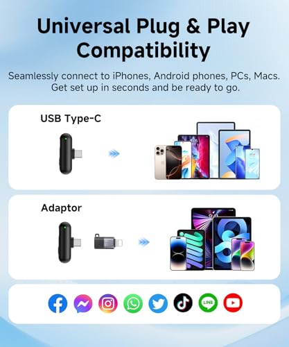 Wireless Lavalier Microphone for iPhone,AI Noise Cancelling,Lapel Mics with USB-C/Lightning Plug,Magnetic Mic,40H Battery Life for iPhone17/16/15/Android/PC/Tablet,Case for Stream,Vlog,TikTok,YouTube