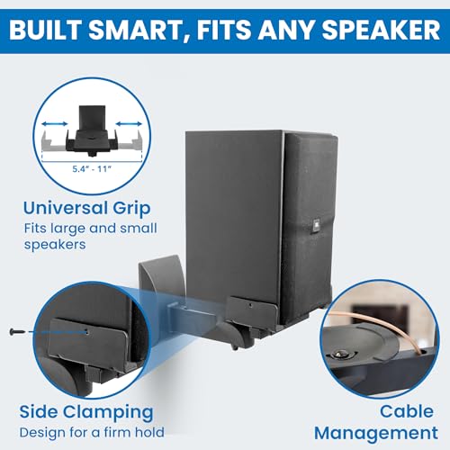 Mount-It! Bookshelf Speaker Wall Mount, Pair of Universal Side Clamping Speaker Shelf Wall Mounting Brackets for Large or Small Speakers, 2 Full Motion Mounts, 55 Lbs Capacity, Black (MI-SB37)