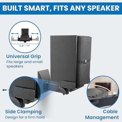 Mount-It! Bookshelf Speaker Wall Mount, Pair of Universal Side Clamping Speaker Shelf Wall Mounting Brackets for Large or Small Speakers, 2 Full Motion Mounts, 55 Lbs Capacity, Black (MI-SB37)
