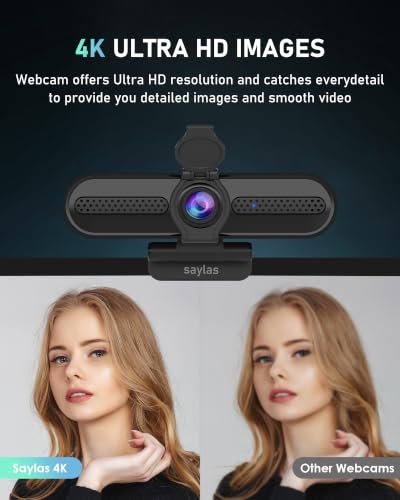 saylas 4K Webcam with Microphone, 78°FOV FHD PC Camera with 4K/2K/30fps, 1080P/60fps, Privacy Cover, USB Web Cam, Autofocus, External Webcam for PC, Computer Web Camera for Laptop, Mac, Zoom - color: 4K/78° FOV