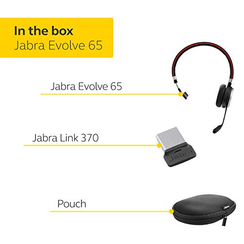 Jabra Evolve 65 MS Teams Wireless Headset, Mono – Includes Link 370 USB Adapter – Bluetooth Headset with Industry-Leading Wireless Performance, Advanced Noise-Cancelling Microphone, All Day Battery - size: Single-ear, style: Teams Certified