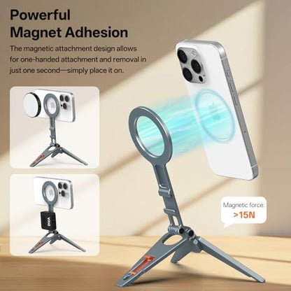 VRIG MG-34 Magnetic Tripod Stand for iPhone, Aluminium Alloy Foldable Phone Stand for Desk/Handheld, 1/4'' Screw Hole, Cold Shoe Mount and Hook, Compatible with iPhone 17 16 15 14 13 12 Series - size: MG-34 Tripod