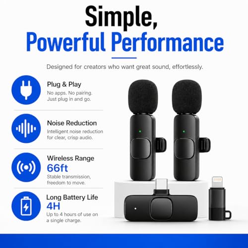 Acuvar Wireless Lavalier Microphone for Vlogging iPhone & Android, 2 Pack Mini Wireless Mic, Plug & Play Clip On Mics for Vlogging Video Recording, Interview, Adapter