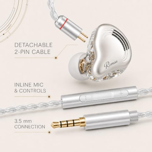 Rosmas Wired Earbuds with Mic, HiFi IEM Earphones SM10 Pro 5-Driver Hybrid in-Ear Monitors, 4BA+1DD Hybrid Driver System, Detachable 2-Pin Cable, 3.5mm Gaming Earphones for Music, Calls and PC - color: silver&3.5mm
