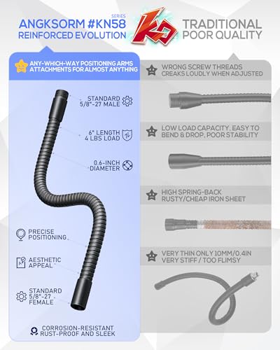 6-Inch Flexible Microphone Gooseneck KN58, 5/8-27 Mic Stand Arm | Compact flexible extension arm, 5/8-27 male and female threads, for close-range mic positioning on stands, desks, and podiums - size: 6-INCH
