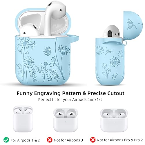 Lerobo for AirPod Case 2nd/1st Generation with Keychain | Flower Engraved Soft Silicone Cover for AirPods 2 Case, Wireless Charging, Shockproof, One-piece Design, Sky Blue - color: Sky Blue