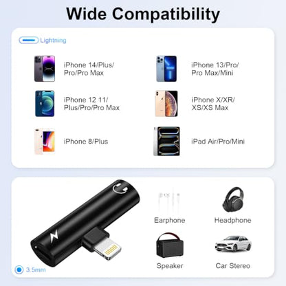 [Apple MFi Certified] Lightning to 3.5mm Headphone Adapter and Charger | 2-in-1 Lightning to Aux Jack Adapter & Fast Charger iPhone Dongle Audio Splitter for iPhone 14 13 12 11 Pro XR XS Max X 8 7 6 - color: Black