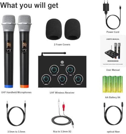 Wireless Karaoke Microphone System, Microphone Mixer Dual Handheld Wireless Microphones, HDMI & AUX in/Out, Optical Out, 100ft Range, Karaoke Mic for TV, Speakers, Singing, Church & Wedding-Black | Microphone Mixer, HDMI & AUX In/Out, Optical Out, 100ft R