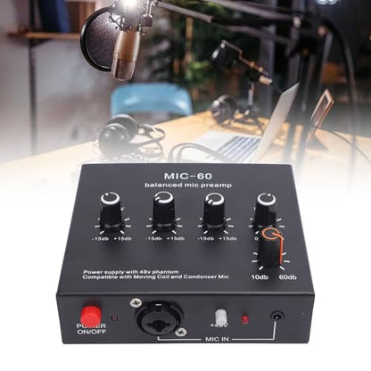Balanced Microphone Preamp, 48V Power Mic Gain Booster with XLR/6.35mm/3.5mm Input Output for Dynamic and Condenser Mic, 60dB Gain, Low Noise, for Vocal Recording Podcast L
