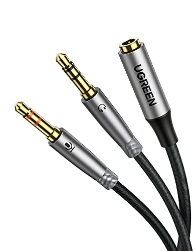 UGREEN Headphone Splitter Cable 3.5mm 2 Male to Female PC Headset Adapter | Connects TRRS Headset to PC with Separate Mic Audio Ports, Oxygen-free Copper, Braided Cable, Aluminum Alloy Case, 7.8 inch