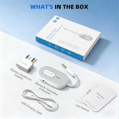 Bluetooth 5.3 Wireless Audio Transmitter & Receiver, 3.5mm AUX Adapter, Supports 2 AirPods or Headphones, 25+ Hr Battery Life, Airplane Bluetooth Adapter for Travel, Flight, TV, Car & Gym