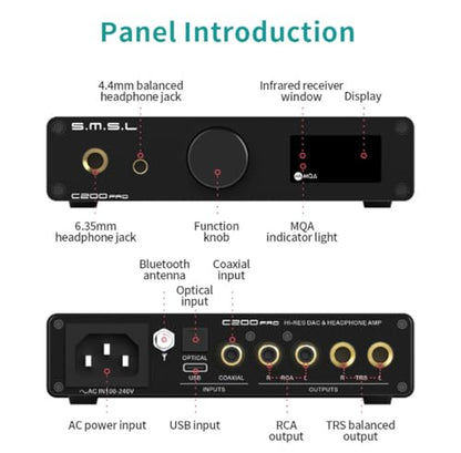 SMSL C200PRO MQA DAC Headphone Amplifier ES9039Q2M & XMOS XU-316 HiFi Amp DSD512/32Bit/768kHz BT 5.1 (LDAC/aptX-HD) USB/Opt/Coaxial Input 4.4mm/6.35mm/RCA Output for PS5/PC/SW