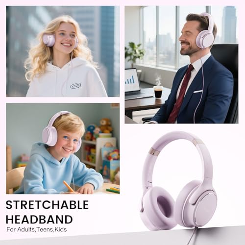 USB C Wired Over-Ear Headphones with Microphone | Volume Control, Share Port, Adjustable Headband Foldable Stereo Headset for Adult/Teens for iPhone 16, Laptop, Gaming, Travel - color: New Icy Pink