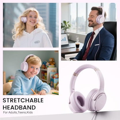 USB C Wired Over-Ear Headphones with Microphone | Volume Control, Share Port, Adjustable Headband Foldable Stereo Headset for Adult/Teens for iPhone 16, Laptop, Gaming, Travel - color: New Icy Pink