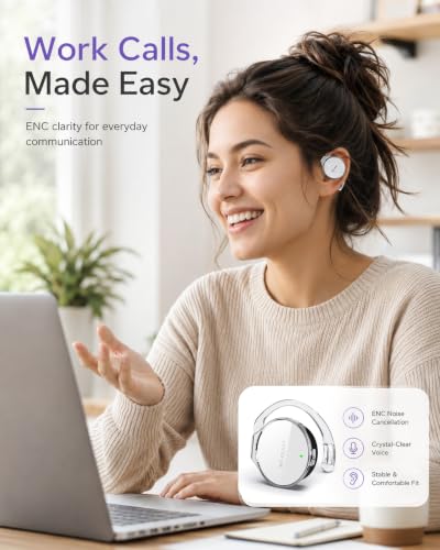 On Ear Bluetooth Headphones, Open-Ear Headphones Wireless with 4-Mic ENC for Crystal Clear Calls, 52H Total Battery, Dual Device, Sport Clip On Headset for Running & Travel，Non-speaker (Snow-white) - color: Snow-white