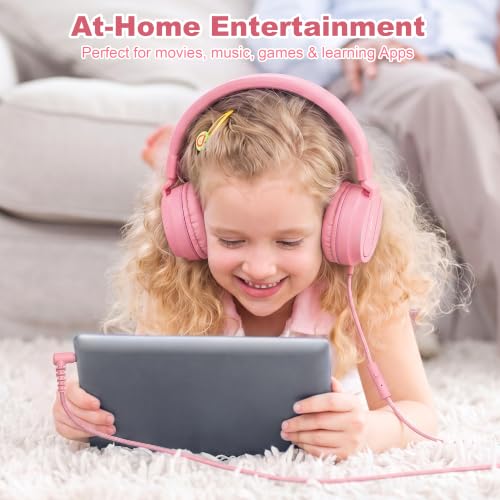 AILIHEN I35 Kids Headphones for School with Mic, 93dB Volume Limited, Pink | Wired On Ear Headphones for Kids Girls, Foldable Lightweight Headphone for Classroom Learning & Entertainment Travel Computer - color: Candy Pink