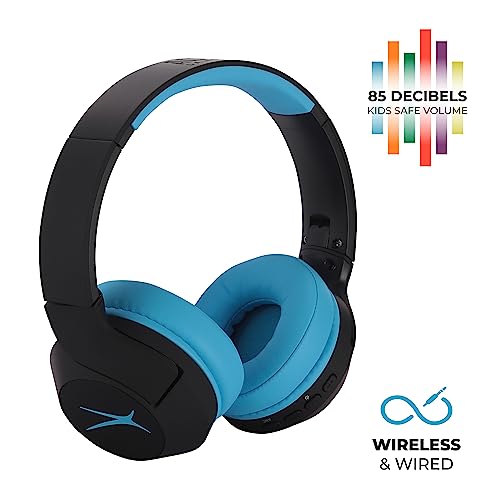 Altec Lansing Kid Safe Noise Cancelling Wireless Headphones 15H Battery, 85dB Volume Limit, Foldable Design Powerful Sound, Active Noise Cancellation Perfect for Kids Ages 7+ - color: Blackout Rockstar Blue