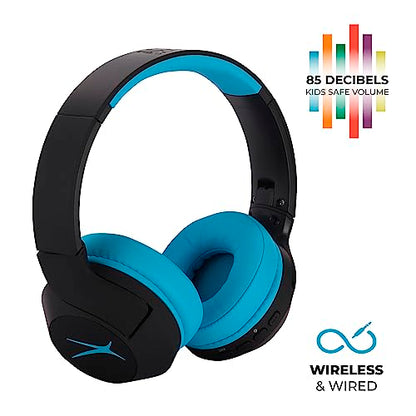 Altec Lansing Kid Safe Noise Cancelling Wireless Headphones 15H Battery, 85dB Volume Limit, Foldable Design Powerful Sound, Active Noise Cancellation Perfect for Kids Ages 7+ - color: Blackout Rockstar Blue