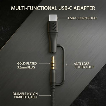 Wired Over-Ear Headphones, Mic, 3.5mm, USB-C Adapter, Black | Over-ear comfort with inline mic, volume control, 3.5mm jack, and USB-C adapter for phones, laptops, PCs, and tablets. - color: Black