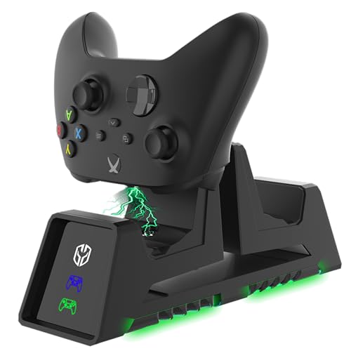 Charging Station for Xbox Series X, S, Xbox Elite, Xbox One, PS5, PS4 Controllers Dual Charger with Headphone Stand (Black with Green LED Glow) Includes Rechargeable Battery Pack