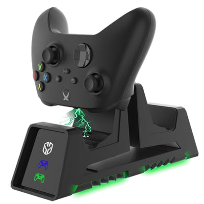 Charging Station for Xbox Series X, S, Xbox Elite, Xbox One, PS5, PS4 Controllers Dual Charger with Headphone Stand (Black with Green LED Glow) Includes Rechargeable Battery Pack