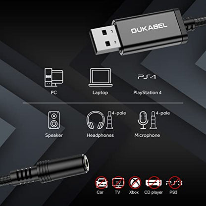 USB Headphone Adapter, DUKABEL External Sound Card for PC, PS4, PS5-25CM | TRRS-Mic Supported, DAC Chip, 16bit/48KHz, Compatible with Windows, PC, Laptop, Mac, Linux, Desktops, PS4, PS5 - size: 9.8 inch / 25 cm
