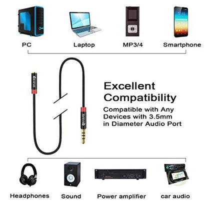 3.5mm TRRS Headphone Extension Cable, 1/8" inch Female 4-Pole to Male Extension Cord, Mini-Jack Aux Stereo Audio Connector 6.6Ft/2M (2 Pack) - size: 6 Ft