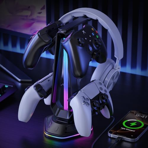 Gaming Headphones Stand with 12 Light Modes - Controller Holder for Desk, RGB Gaming Headset Stand with 2 USB Charging Ports - Supports Data Transfer, Earphone Hanger Accessories for Desktop Gamer