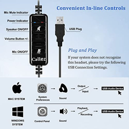 Callez Computer Headset with Noise Cancelling Mic & Mute Controls | Mono USB Headphones for Laptop PC Skype Zoom Webinar Business Call Center Home Office, Clear Chat, Super Lightweight (C500U3) - color: Gray