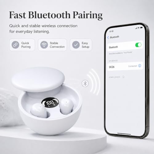 Sleep Earbuds Bluetooth 5.4, Mini Invisible Noise Blocking Sleeping Headphones, Hidden Earbuds with LED Display for Small Ears, for Side Sleepers Meditation Travel Gym Workout (White) - color: White