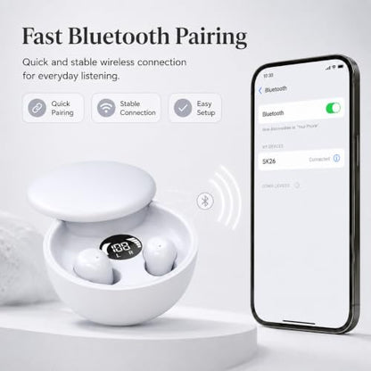 Sleep Earbuds Bluetooth 5.4, Mini Invisible Noise Blocking Sleeping Headphones, Hidden Earbuds with LED Display for Small Ears, for Side Sleepers Meditation Travel Gym Workout (White) - color: White