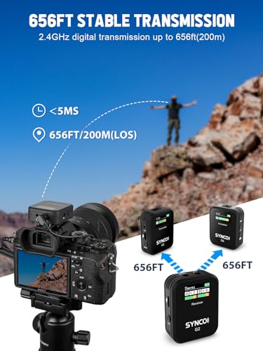 SYNCO Wireless Lavalier Microphone G2(A2), 2.4G Dual Channel Lapel Microphone for Vlogging, Streaming, YouTube, DSLR, Smartphone, Tablet - Compact, Long Battery Life
