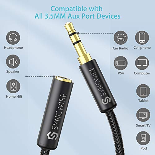 Syncwire 3.5mm Male to Female Stereo Audio Extension Cable [Hi-Fi Sound] [Gold Plated Jack] Nylon-Braided AUX Extension Cord Adapter Compatible with iPhone iPad Smartphone Tablets Media Players, 3FT - size: 3 feet