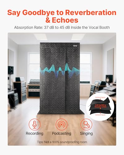 VEVOR Portable Vocal Booth 6.56 ft Pro-Grade Echo-Free Recording Booth | Thickened Soundproofing, Home Studio/Sound Isolation, with Travel Bag, Mobile Tablet Stand, for Vocals, Podcasts, Voiceovers - size: Vocal Booth Pro