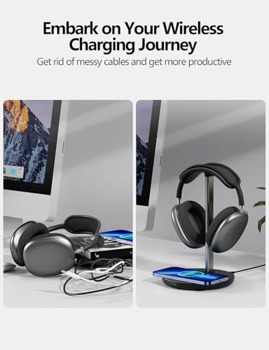 Miroddi Headphone Stand with Wireless Charger, Independent USB Charging Port, 5 in 1 Charging Station Headset Holder Rack for AirPods Max/Pro/4/3/2, iWatch, iPhone, Samsung and Desk Headphones, Black - color: Black-Upgrade