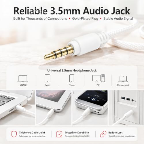 3.5mm Wired Headphones with Mic, Over-Ear, for School, Teen & Adult, White - color: White