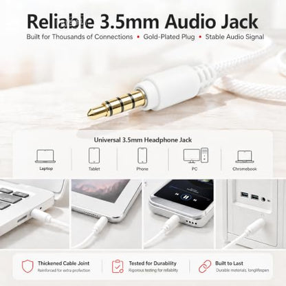3.5mm Wired Headphones with Mic, Over-Ear, for School, Teen & Adult, White - color: White
