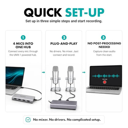 Movo 4-Person USB Podcast Equipment Bundle – 4 Condenser Mics, Hub & Case - color: Silver